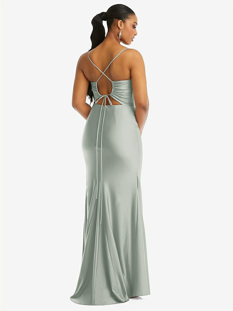 【STYLE: CS105】Cowl-Neck Open Tie-Back Stretch Satin Mermaid Dress with Slight Train【COLOR: Willow Green】