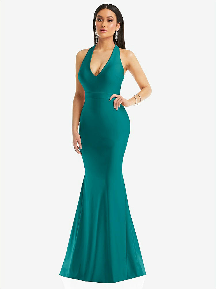 【NEW】【STYLE: CS106】プランジ ネックライン カットアウト 低 背面 ストレッチ サテン 人魚 ドレス【COLOR: Peacock Teal】【SIZE: 00-30W】