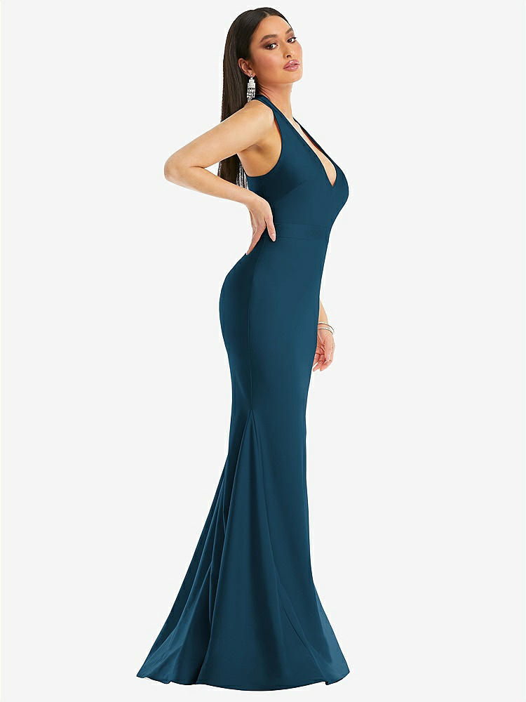 【STYLE: CS106】Plunge Neckline Cutout Low Back Stretch Satin Mermaid Dress【COLOR: Atlantic Blue】