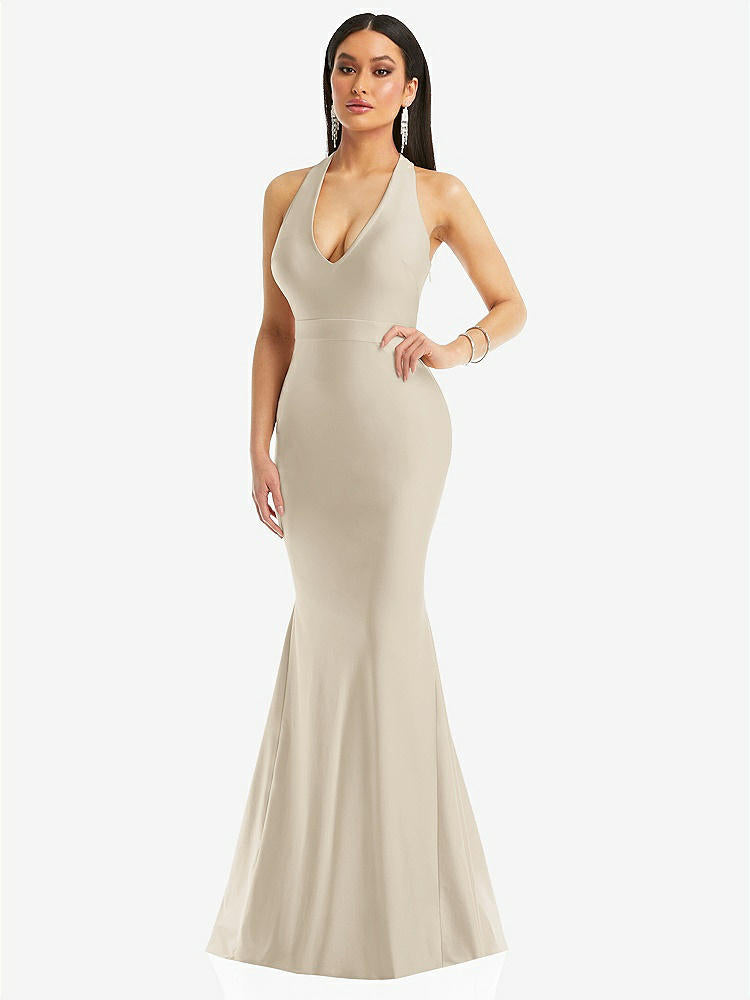 【STYLE: CS106】Plunge Neckline Cutout Low Back Stretch Satin Mermaid Dress【COLOR: Champagne】