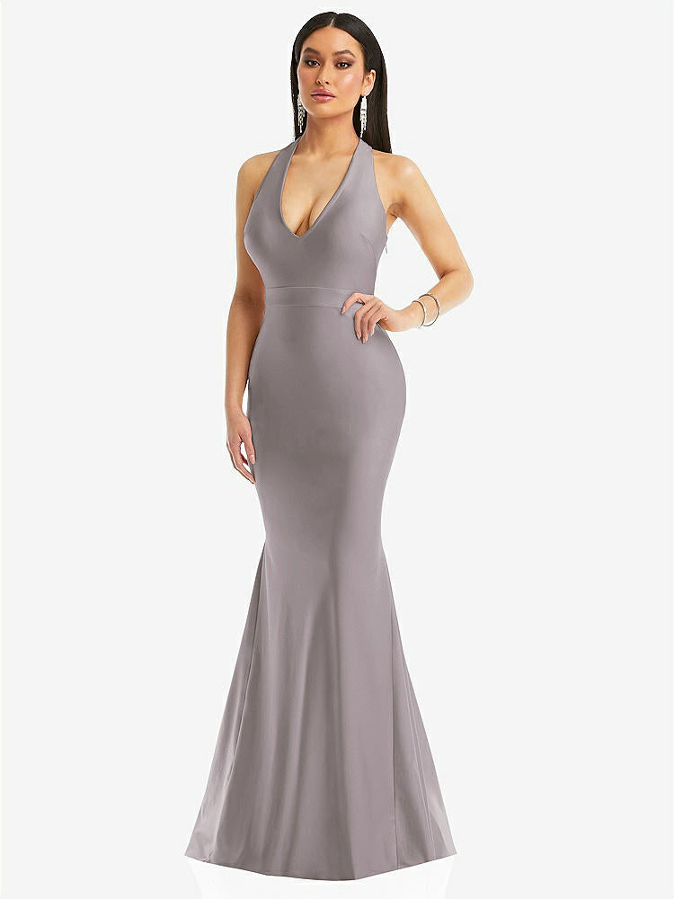 【STYLE: CS106】Plunge Neckline Cutout Low Back Stretch Satin Mermaid Dress【COLOR: Cashmere Gray】