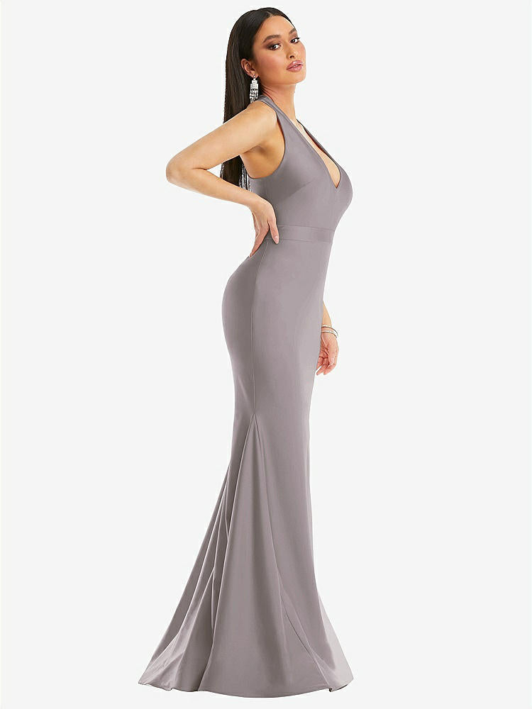 【STYLE: CS106】Plunge Neckline Cutout Low Back Stretch Satin Mermaid Dress【COLOR: Cashmere Gray】