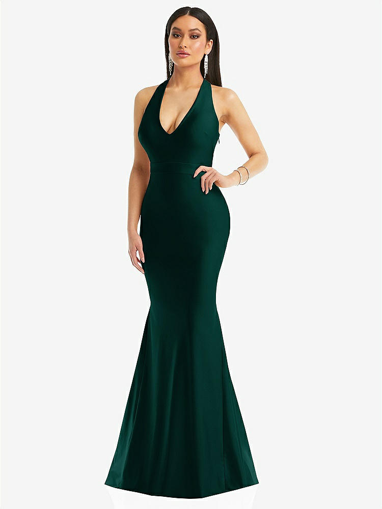 【STYLE: CS106】Plunge Neckline Cutout Low Back Stretch Satin Mermaid Dress【COLOR: Evergreen】