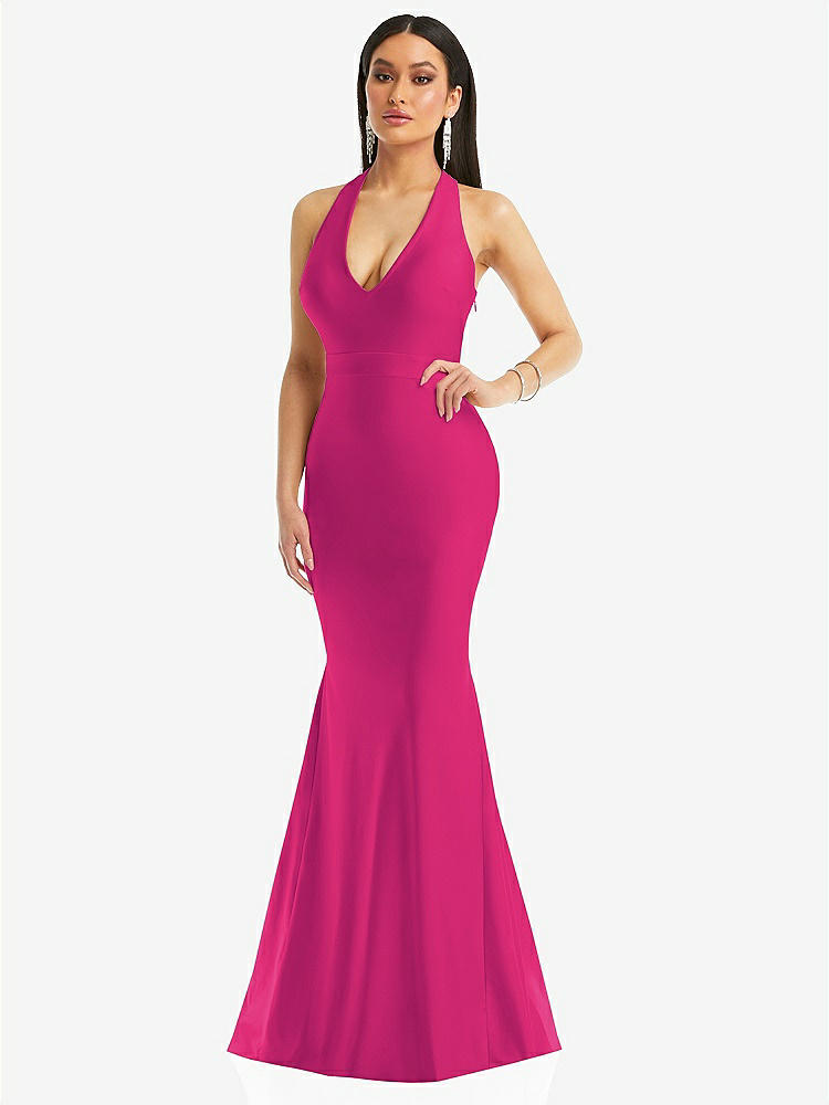 【STYLE: CS106】Plunge Neckline Cutout Low Back Stretch Satin Mermaid Dress【COLOR: Think Pink】