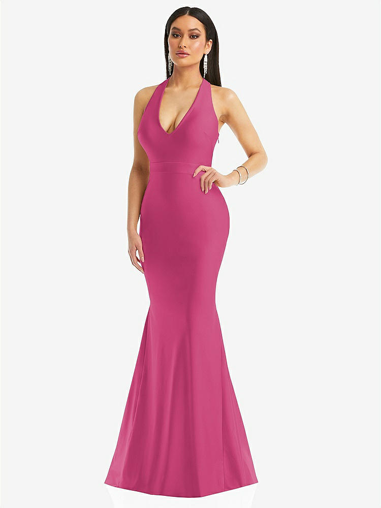 【STYLE: CS106】Plunge Neckline Cutout Low Back Stretch Satin Mermaid Dress【COLOR: Tea Rose】