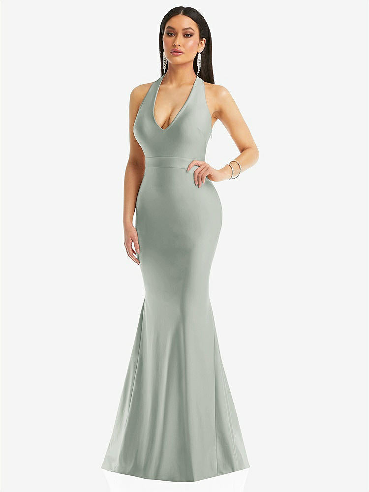【STYLE: CS106】Plunge Neckline Cutout Low Back Stretch Satin Mermaid Dress【COLOR: Willow Green】