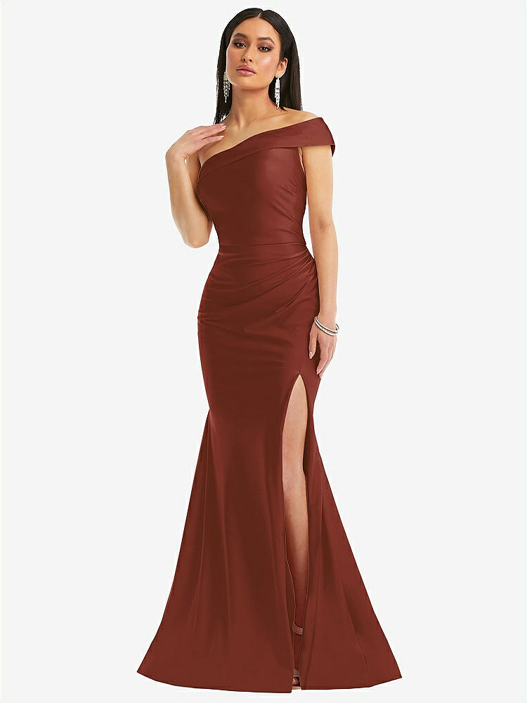 【STYLE: CS107】One-Shoulder Bias-Cuff Stretch Satin Mermaid Dress with Slight Train【COLOR: Auburn Moon】