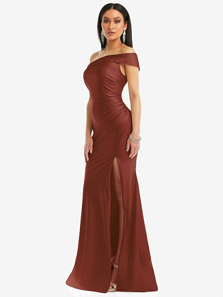 【STYLE: CS107】One-Shoulder Bias-Cuff Stretch Satin Mermaid Dress with Slight Train【COLOR: Auburn Moon】