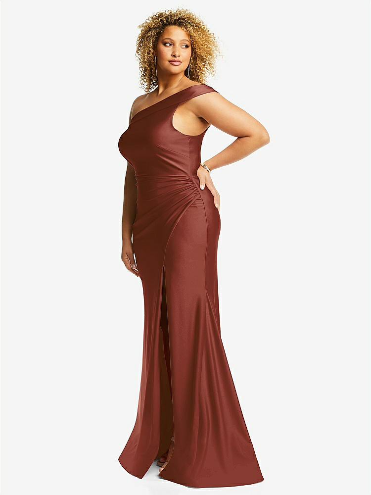 【STYLE: CS107】One-Shoulder Bias-Cuff Stretch Satin Mermaid Dress with Slight Train【COLOR: Auburn Moon】
