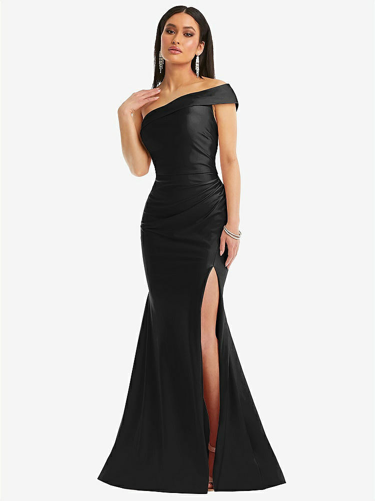 【STYLE: CS107】One-Shoulder Bias-Cuff Stretch Satin Mermaid Dress with Slight Train【COLOR: Black】