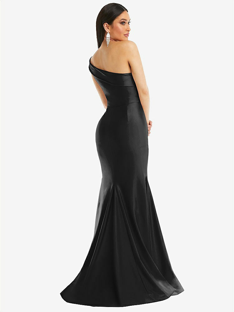 【STYLE: CS107】One-Shoulder Bias-Cuff Stretch Satin Mermaid Dress with Slight Train【COLOR: Black】