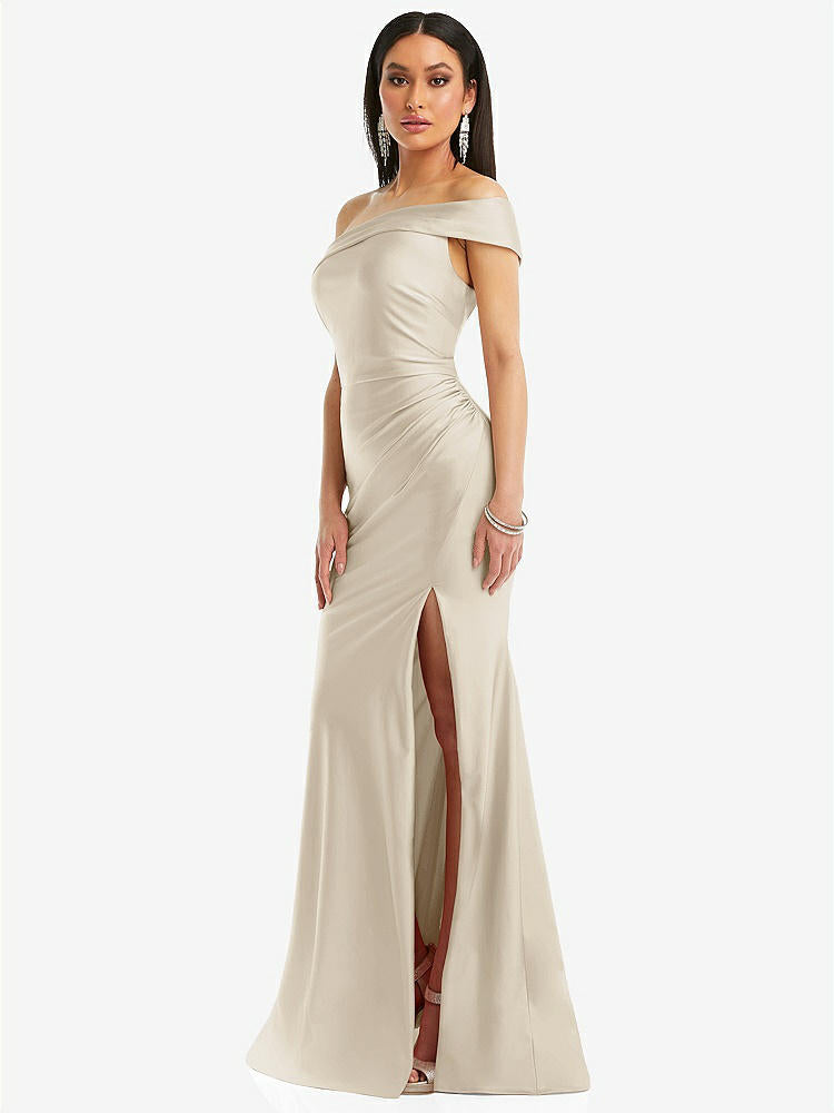 【STYLE: CS107】One-Shoulder Bias-Cuff Stretch Satin Mermaid Dress with Slight Train【COLOR: Champagne】