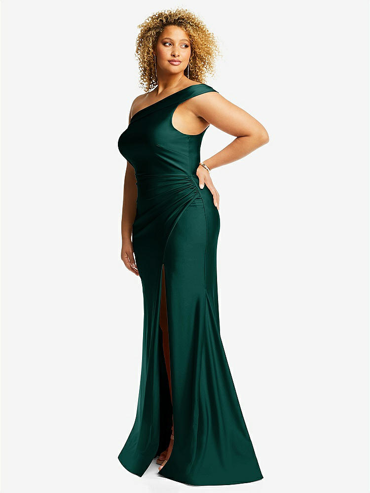 【STYLE: CS107】One-Shoulder Bias-Cuff Stretch Satin Mermaid Dress with Slight Train【COLOR: Evergreen】