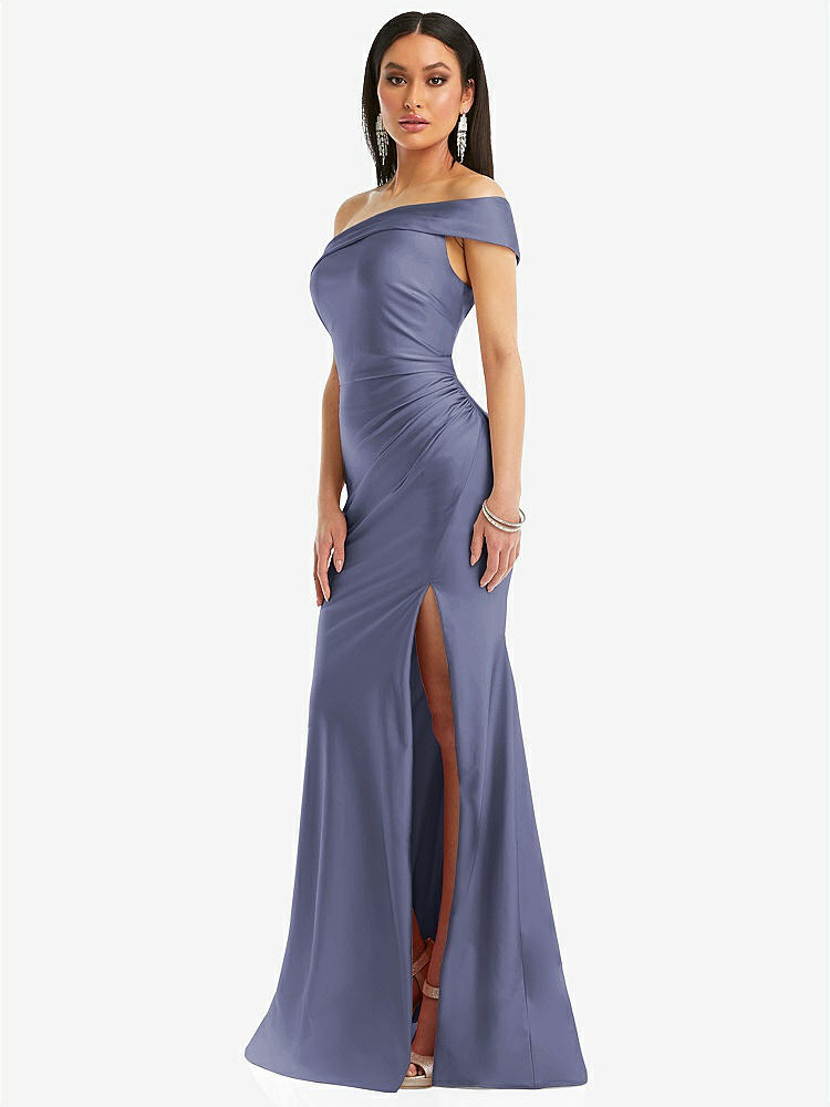 【STYLE: CS107】One-Shoulder Bias-Cuff Stretch Satin Mermaid Dress with Slight Train【COLOR: French Blue】