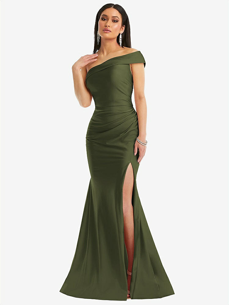 【STYLE: CS107】One-Shoulder Bias-Cuff Stretch Satin Mermaid Dress with Slight Train【COLOR: Olive Green】