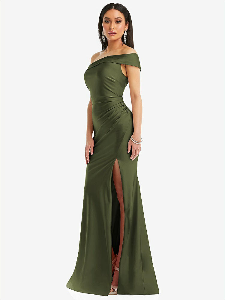 【STYLE: CS107】One-Shoulder Bias-Cuff Stretch Satin Mermaid Dress with Slight Train【COLOR: Olive Green】