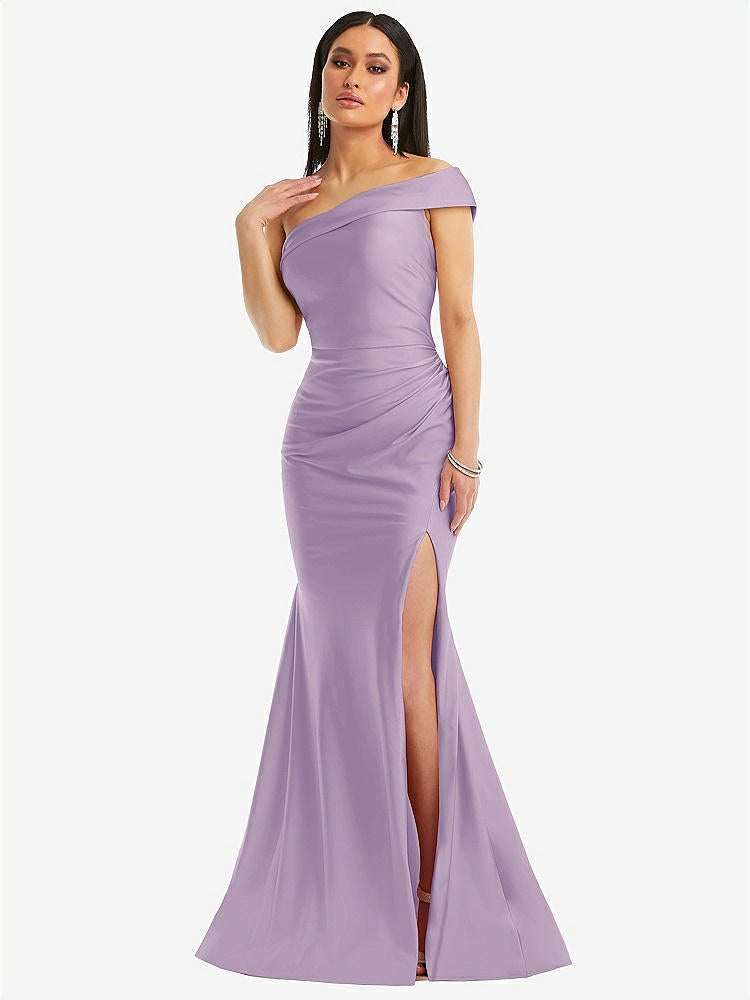 【STYLE: CS107】One-Shoulder Bias-Cuff Stretch Satin Mermaid Dress with Slight Train【COLOR: Pale Purple】
