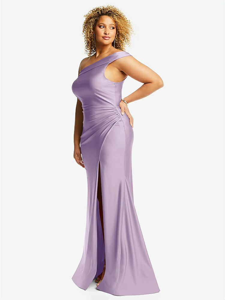 【STYLE: CS107】One-Shoulder Bias-Cuff Stretch Satin Mermaid Dress with Slight Train【COLOR: Pale Purple】