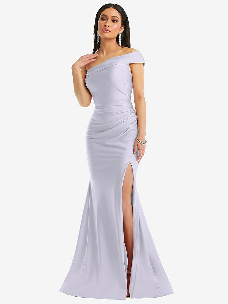 【STYLE: CS107】One-Shoulder Bias-Cuff Stretch Satin Mermaid Dress with Slight Train【COLOR: Silver Dove】