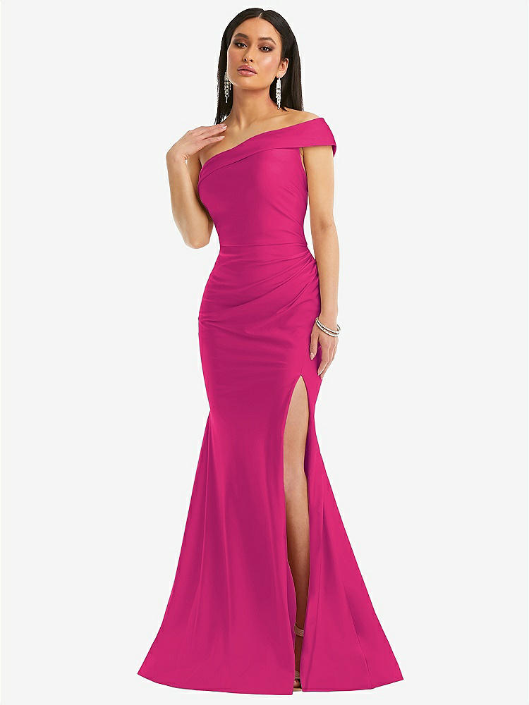 【STYLE: CS107】One-Shoulder Bias-Cuff Stretch Satin Mermaid Dress with Slight Train【COLOR: Think Pink】