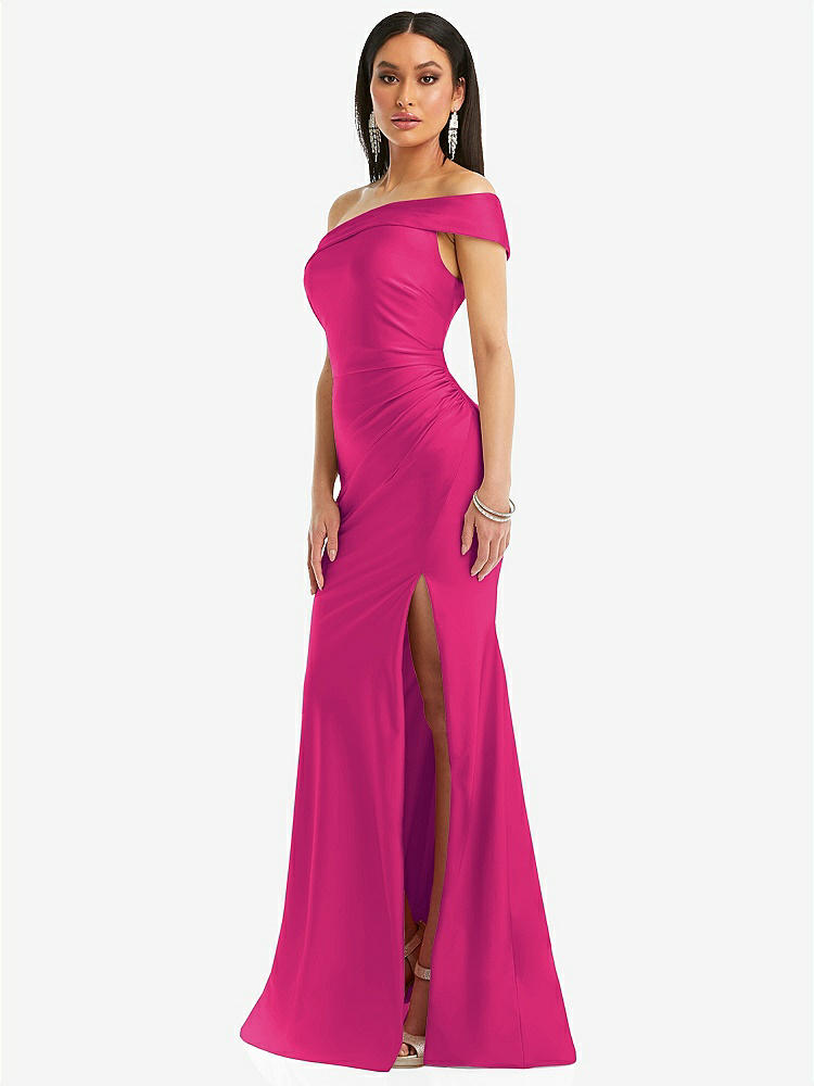 【STYLE: CS107】One-Shoulder Bias-Cuff Stretch Satin Mermaid Dress with Slight Train【COLOR: Think Pink】