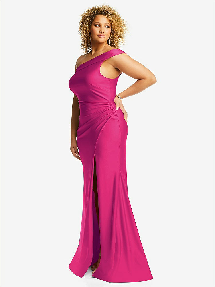 【STYLE: CS107】One-Shoulder Bias-Cuff Stretch Satin Mermaid Dress with Slight Train【COLOR: Think Pink】
