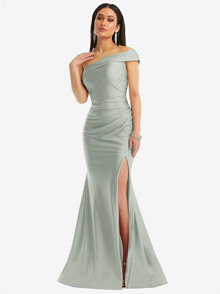 【STYLE: CS107】One-Shoulder Bias-Cuff Stretch Satin Mermaid Dress with Slight Train【COLOR: Willow Green】