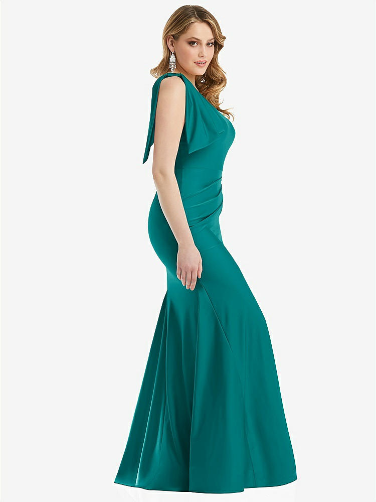 【NEW】【STYLE: CS108】カスケード 弓 ワンショルダー ストレッチ サテン 人魚 ドレス わずかな 電車【COLOR: Peacock Teal】【SIZE: 00-30W】