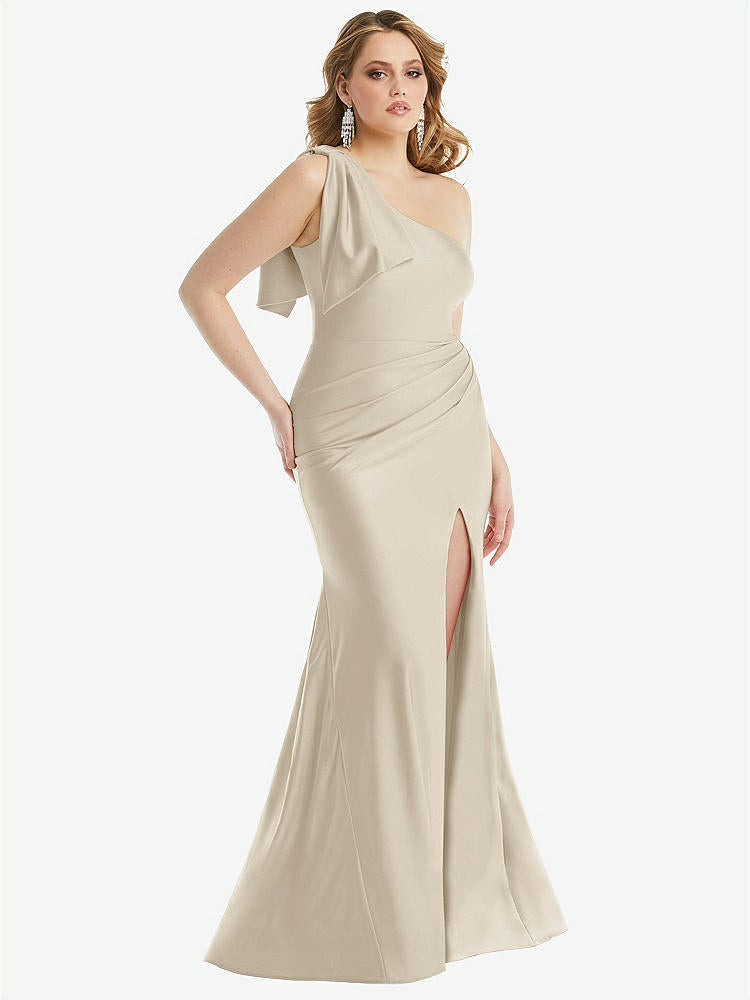 【STYLE: CS108】Cascading Bow One-Shoulder Stretch Satin Mermaid Dress with Slight Train【COLOR: Champagne】
