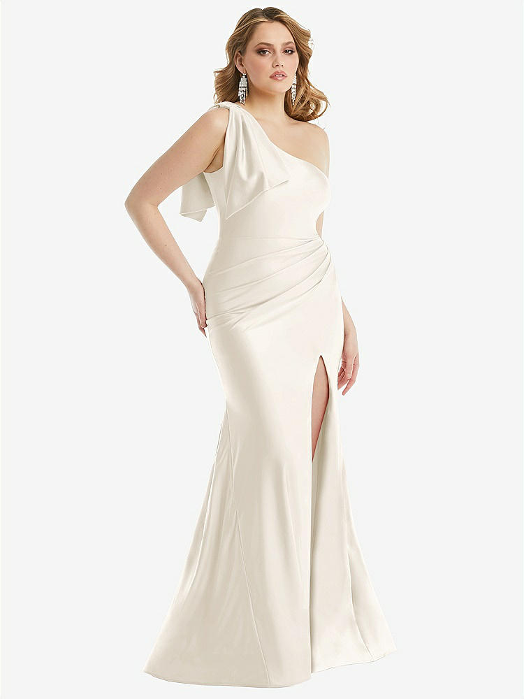【STYLE: CS108】Cascading Bow One-Shoulder Stretch Satin Mermaid Dress with Slight Train【COLOR: Ivory】