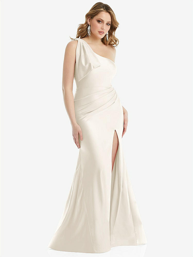 【STYLE: CS108】Cascading Bow One-Shoulder Stretch Satin Mermaid Dress with Slight Train【COLOR: Ivory】
