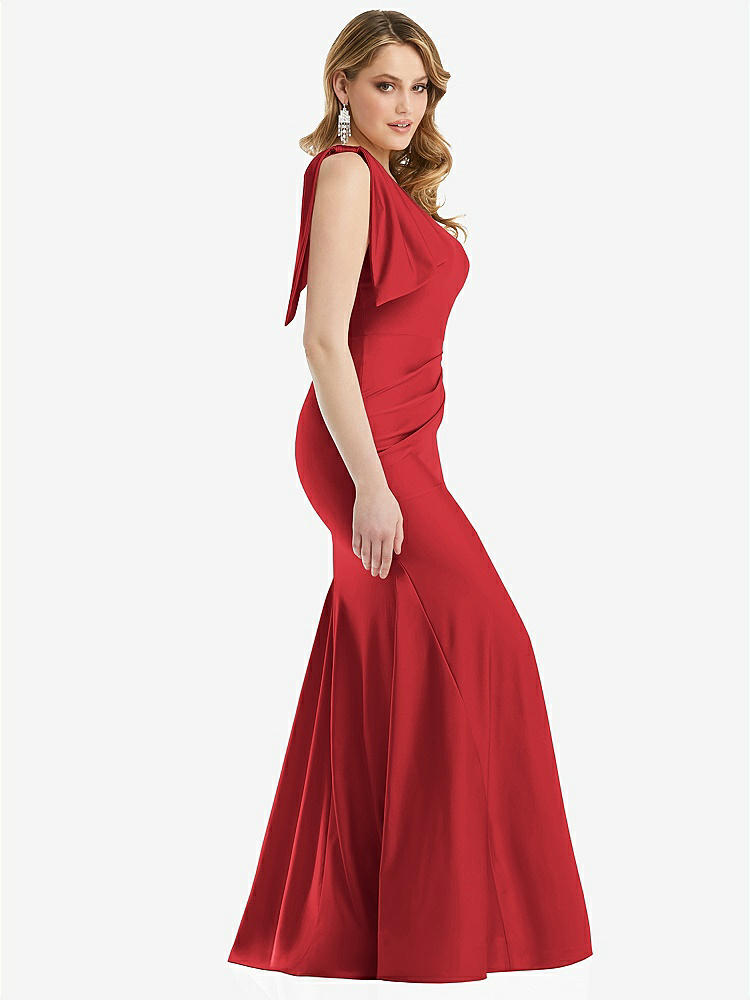【STYLE: CS108】Cascading Bow One-Shoulder Stretch Satin Mermaid Dress with Slight Train【COLOR: Poppy Red】