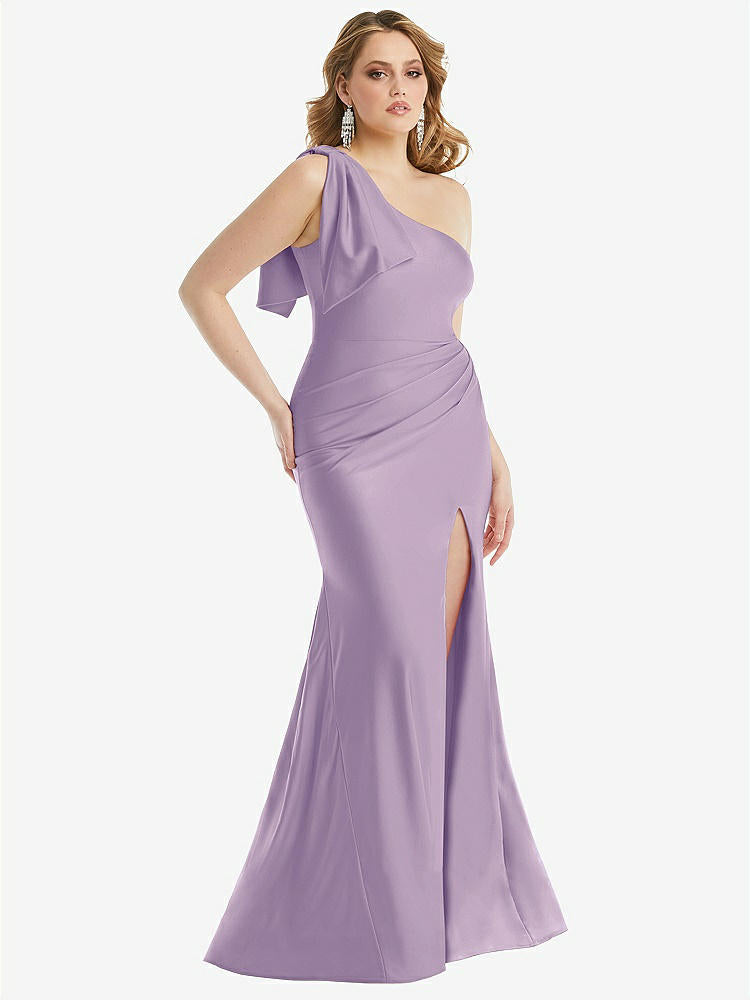 【STYLE: CS108】Cascading Bow One-Shoulder Stretch Satin Mermaid Dress with Slight Train【COLOR: Pale Purple】
