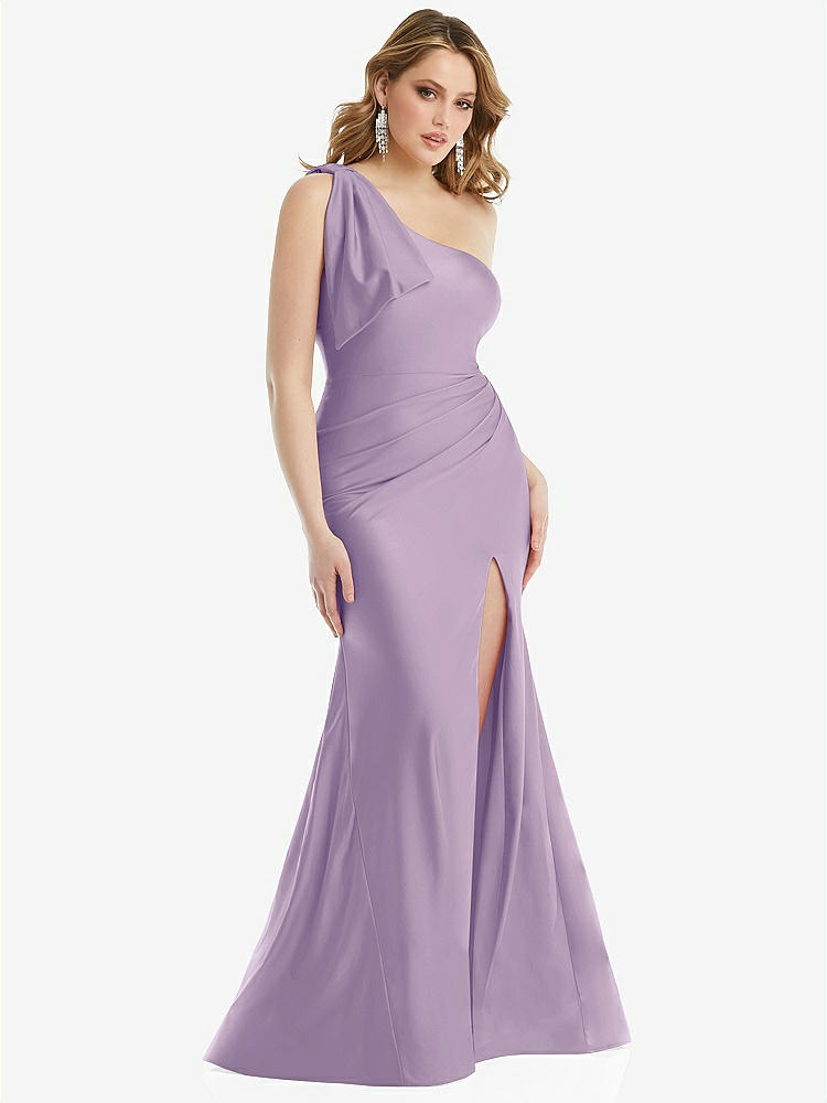 【STYLE: CS108】Cascading Bow One-Shoulder Stretch Satin Mermaid Dress with Slight Train【COLOR: Pale Purple】
