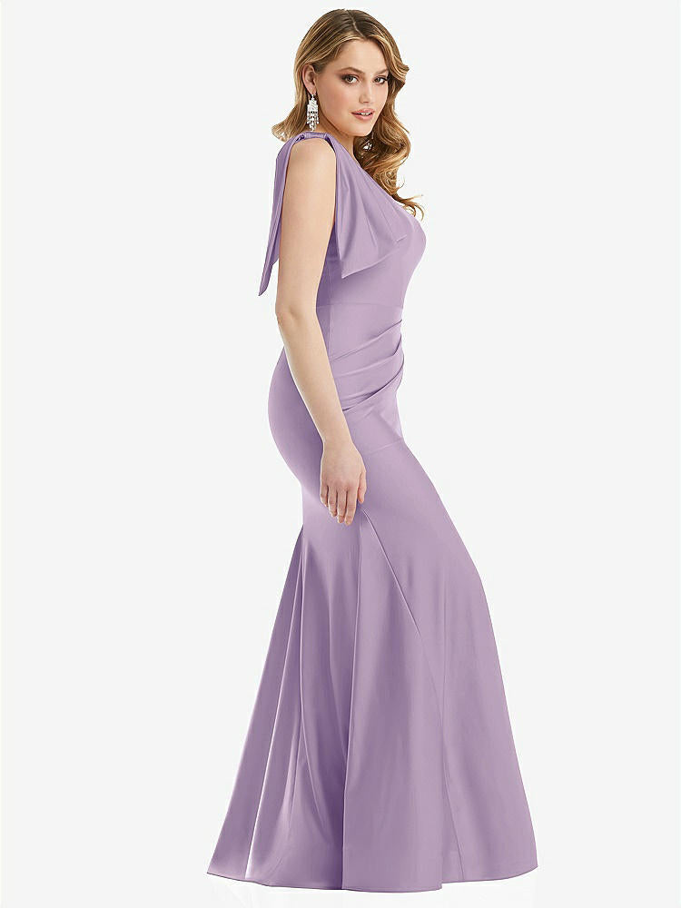 【STYLE: CS108】Cascading Bow One-Shoulder Stretch Satin Mermaid Dress with Slight Train【COLOR: Pale Purple】