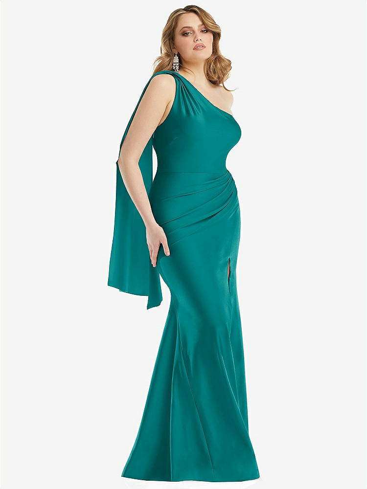 【STYLE: CS109】Scarf Neck One-Shoulder Stretch Satin Mermaid Dress with Slight Train【COLOR: Peacock Teal】