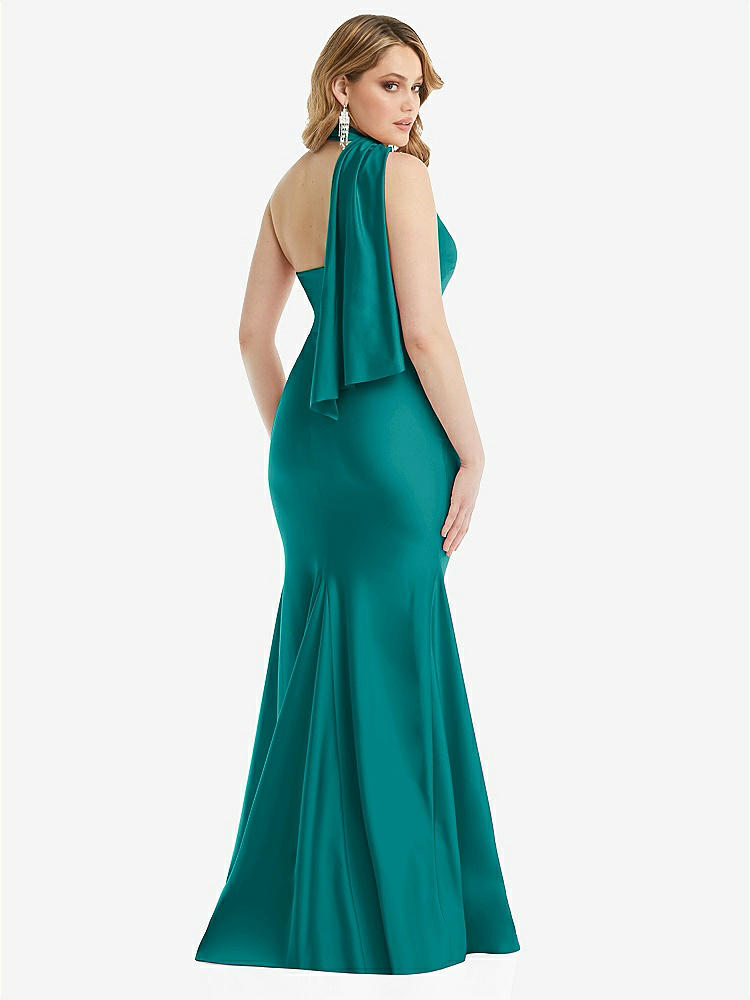 【STYLE: CS109】Scarf Neck One-Shoulder Stretch Satin Mermaid Dress with Slight Train【COLOR: Peacock Teal】