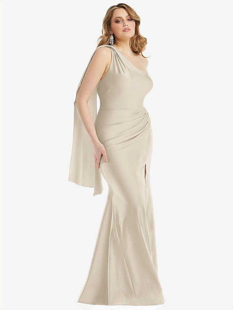 【STYLE: CS109】Scarf Neck One-Shoulder Stretch Satin Mermaid Dress with Slight Train【COLOR: Champagne】
