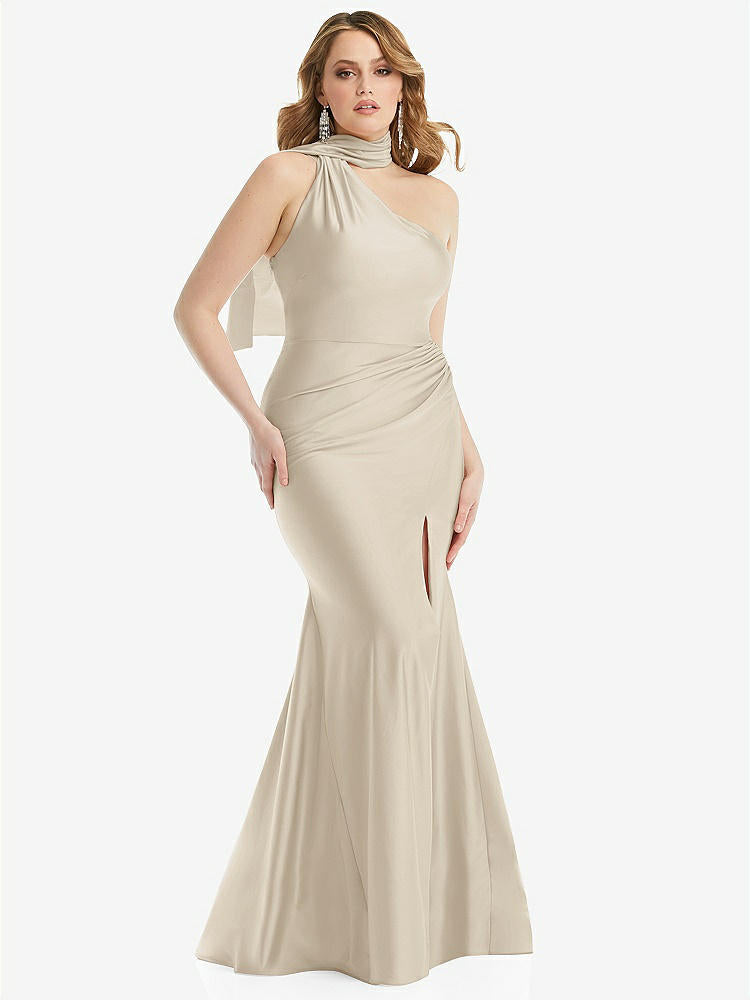 【STYLE: CS109】Scarf Neck One-Shoulder Stretch Satin Mermaid Dress with Slight Train【COLOR: Champagne】