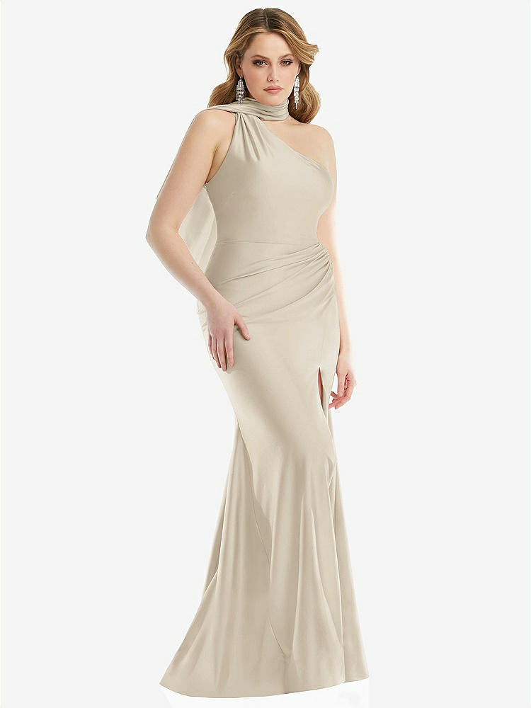 【STYLE: CS109】Scarf Neck One-Shoulder Stretch Satin Mermaid Dress with Slight Train【COLOR: Champagne】