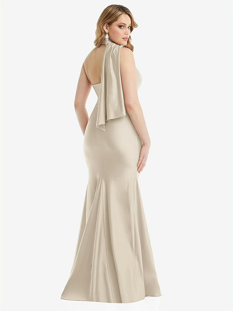 【STYLE: CS109】Scarf Neck One-Shoulder Stretch Satin Mermaid Dress with Slight Train【COLOR: Champagne】