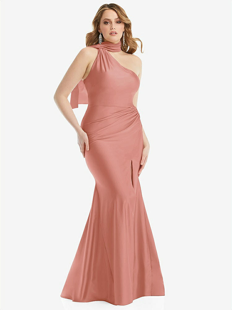 【STYLE: CS109】Scarf Neck One-Shoulder Stretch Satin Mermaid Dress with Slight Train【COLOR: Desert Rose】
