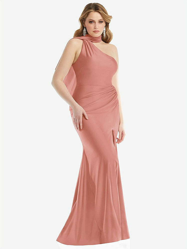 【STYLE: CS109】Scarf Neck One-Shoulder Stretch Satin Mermaid Dress with Slight Train【COLOR: Desert Rose】