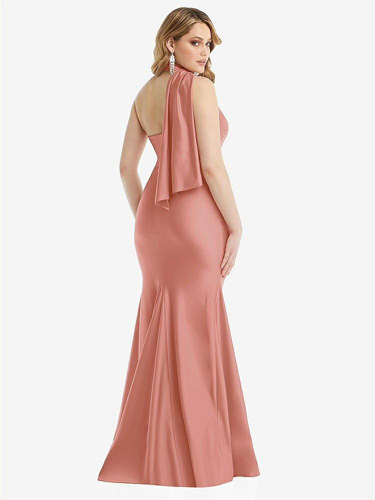 【STYLE: CS109】Scarf Neck One-Shoulder Stretch Satin Mermaid Dress with Slight Train【COLOR: Desert Rose】