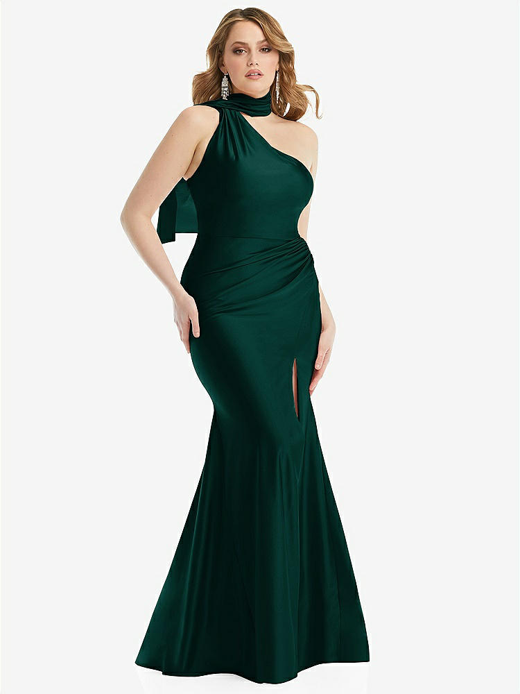 【STYLE: CS109】Scarf Neck One-Shoulder Stretch Satin Mermaid Dress with Slight Train【COLOR: Evergreen】