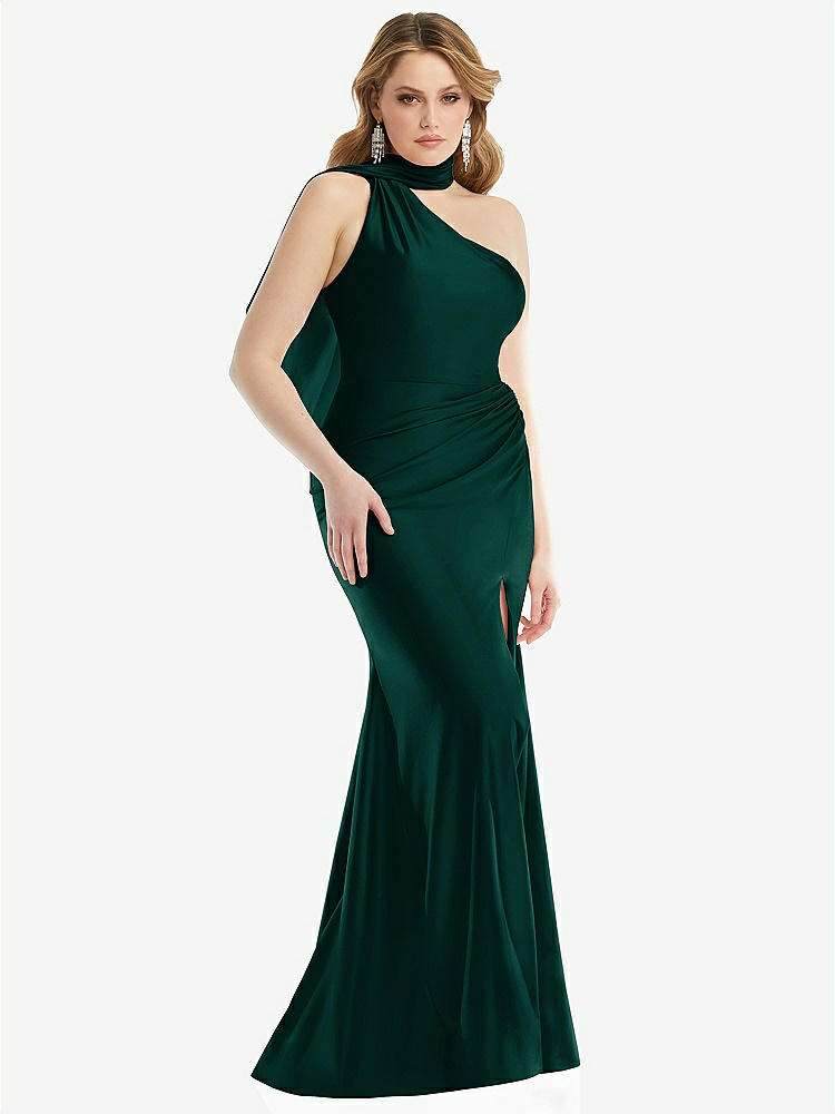 【STYLE: CS109】Scarf Neck One-Shoulder Stretch Satin Mermaid Dress with Slight Train【COLOR: Evergreen】