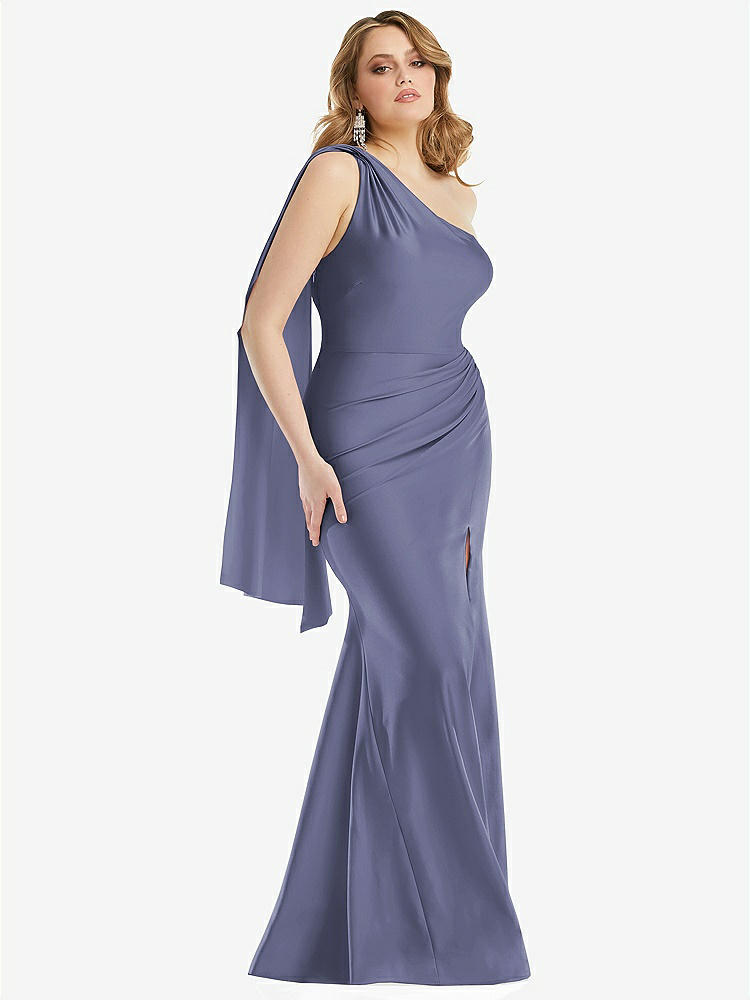 【STYLE: CS109】Scarf Neck One-Shoulder Stretch Satin Mermaid Dress with Slight Train【COLOR: French Blue】