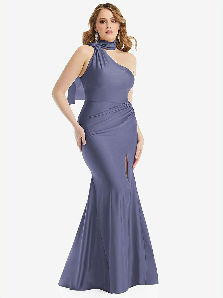 【STYLE: CS109】Scarf Neck One-Shoulder Stretch Satin Mermaid Dress with Slight Train【COLOR: French Blue】