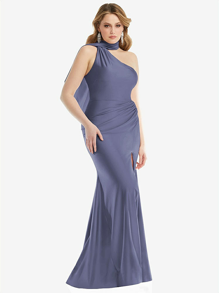 【STYLE: CS109】Scarf Neck One-Shoulder Stretch Satin Mermaid Dress with Slight Train【COLOR: French Blue】