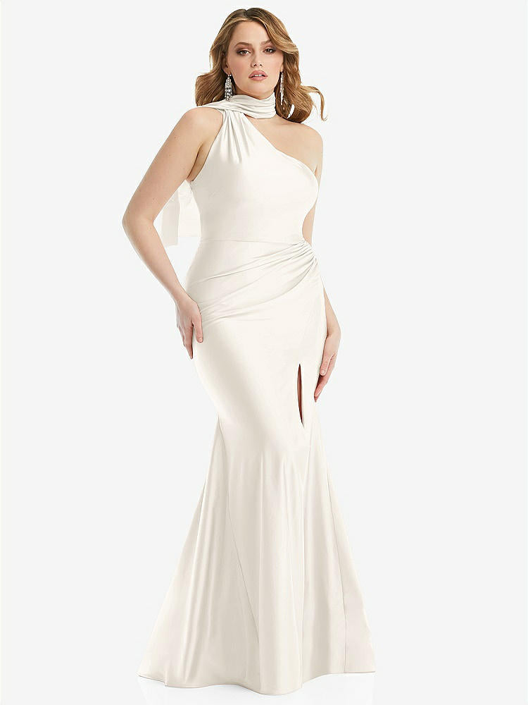 【STYLE: CS109】Scarf Neck One-Shoulder Stretch Satin Mermaid Dress with Slight Train【COLOR: Ivory】